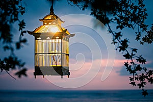 Lanterns hanging from the trees to decorate at sunset bird cage