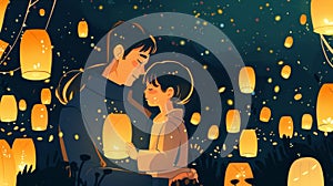 The lanterns are illuminated with warm flickering lights creating a peaceful and somber atmosphere. The father and