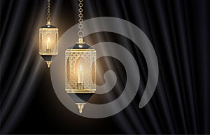 Lanterns  lamps  decorated arab pattern hang on chainlet near dark drapes. Eid of Ramadan decoration