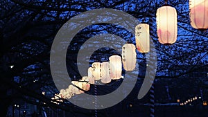 Lanterns in Sakura Festival at walkway Ooyokogawa river , Tokyo, Japan