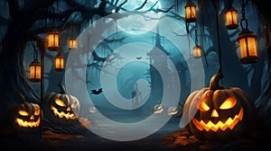Lanterns In Spooky Forest With Ghost Lights - Halloween Background