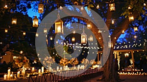 Lanterns and string lights hang above casting a magical glow over the entire outdoor area accentuating the candlelit photo