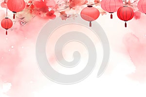 Lanterns watercolor painting in red tone. Chinese New Year background with copy space. Generative AI