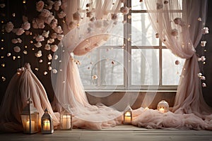 Lanterns on window sill in room with curtains and flowers