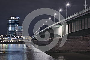 Lanxess headquarters over the Rhine and the Deutzer Bridge in Cologne, Germany