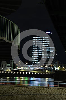 Lanxess headquarters over the Rhine and the Deutzer Bridge in Cologne, Germany