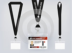 Lanyard design, realistic illustration. Identification card with ribbon. Metal closure and card with plastic. Accreditation for photo