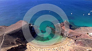 Lanzarorote Canary islands beach scenery. Aerial drone video of popular scenic Papagayo beach