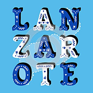 Lanzarote decorative ornate text with island map blue background