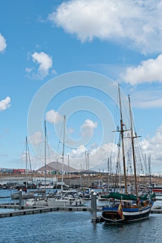 Lanzarote / Spain - October 13, 2019: Image of boats in the marina of Arrecife on the island of Lanzarote, Canary Islands
