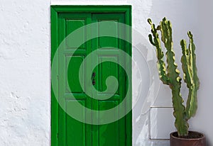 Lanzarote Teguise green door and cactus photo