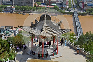 Panoramic view of the first ever iron bridge built on the Yellow River