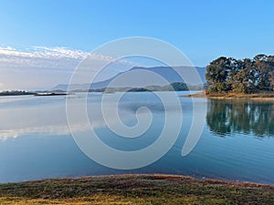 Lao natural landscape, Num Ngum Reservoir, Lake and Mountain View with blue sky