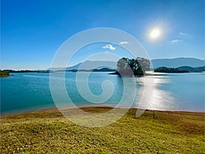 Lao natural landscape, Num Ngum Reservoir, Lake and Mountain View with blue sky