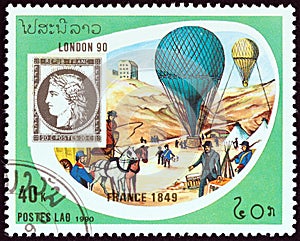 LAOS - CIRCA 1990: A stamp printed in Laos shows France 1849 20c. stamp and mail balloons, Paris, 1870, circa 1990.