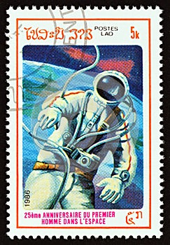 LAOS - CIRCA 1986: A stamp printed in Laos shows Vladimir Mikhaylovich Komarov, circa 1986.