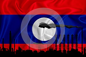 Laos flag, background with space for your logo - industrial 3D illustration.Silhouette of a chemical plant, oil refining, gas,