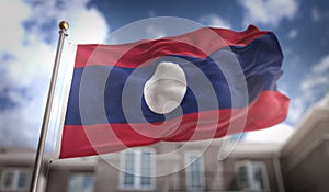 Laos Flag 3D Rendering on Blue Sky Building Background