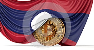 Laos flag draped over a bitcoin cryptocurrency coin. 3D Rendering