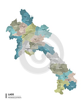 Laos higt detailed map with subdivisions. Administrative map of Laos with districts and cities name, colored by states and