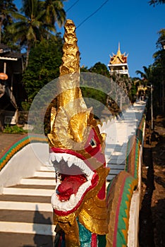 Laos temple architecture. Buddhist temple pagoda decoration.