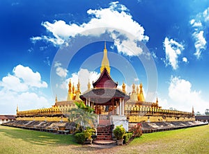 Laos travel landmark, golden pagoda wat Phra That Luang