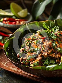 Laotian larb, spicy minced meat salad with lime and herbs, served in a banana leaf bowl. A traditional and flavorful photo