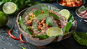 Laotian larb, spicy minced meat salad with lime and herbs, served in a banana leaf bowl. A traditional and flavorful photo