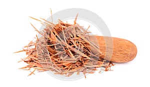 Lapacho herbal tea in wooden spoon, isolated on white background. Natural Taheeboo dry tea. Pau d'arco herb. Tabebuia photo