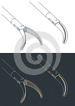 Laparoscopic forceps with curved head isometric blueprints