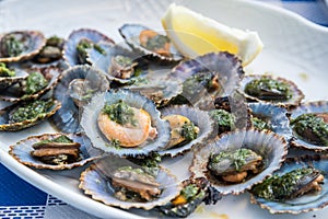 `Lapas` or true limpets with green moyo - traditional seafood of Tenerife and Madeira Islands