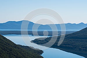 Lapataia bay landscape, Tierra del Fuego. Landscape of the Atlantic Ocean in Ushuaia, Argentina  landmark