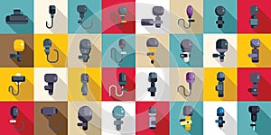 Lapel microphone icons set flat vector. Audio broadcast