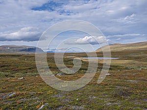 Lapland landscape with blue lake, snow capped mountain at Kungsleden hiking trail near Saltoluokta, Sweden. Wild nature with