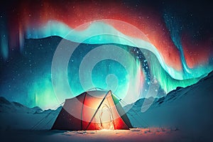 Laplands Northern Lights over a brightly lit tent