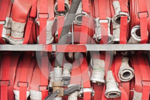 Lapped fire hoses on a fire truck
