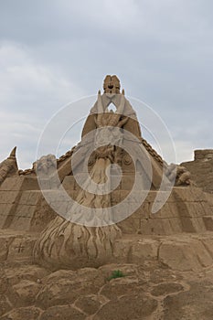 Lappeenranta. Enslaved dragon. Sand sculpture, front side view