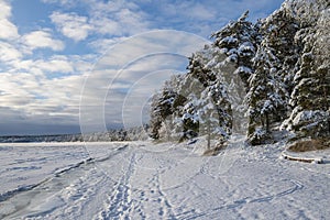 Lappohjanranta recreation area in winter, coast and sea, Hanko, Finland