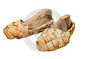 Lapti bast shoes are clad in ancient wooden shoe pads