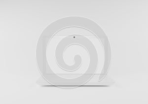 Laptop 3d computer blank white screen mockup on white background. Minimal technology 3d rendering illustration, front view mock-up