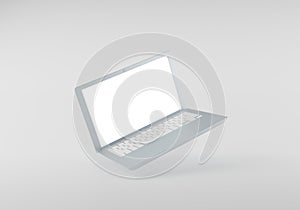 Laptop 3d computer blank white screen mockup on white background. Minimal technology 3d rendering illustration, lean view mock-up