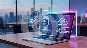 Laptop with AI file processing and cloud intelligence interface, artificial intelligence technology concept, AI generated