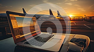 Laptop on Airport Table - Travel, Business, Technology, Digital Nomad, Connectivity, Airport Workspace, Workation, Remote Work