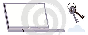 Laptop and Keys Floating Above Cloud Representing Data Security and Cloud Access