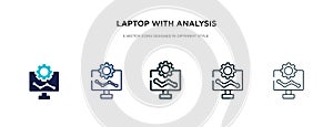 Laptop with analysis icon in different style vector illustration. two colored and black laptop with analysis vector icons designed