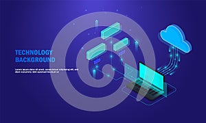 Laptop analysis processing. cloud services concept, file backup and saving, copy of file structure isometric vector , Database
