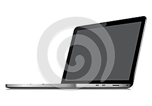 Laptop in angled position with blank screen isolated on white background - mockup template