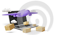 Laptop with APP airplane parcel delivery. Brown boxes with shadow and PC. Concept vector illustration