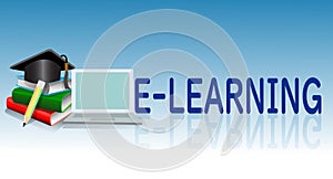 Laptop as book on blue banner with word E-LEARNING