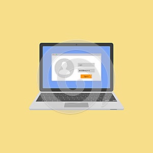Laptop with authorization on the screen. Login and password of the user. Login to the system or account. Vector